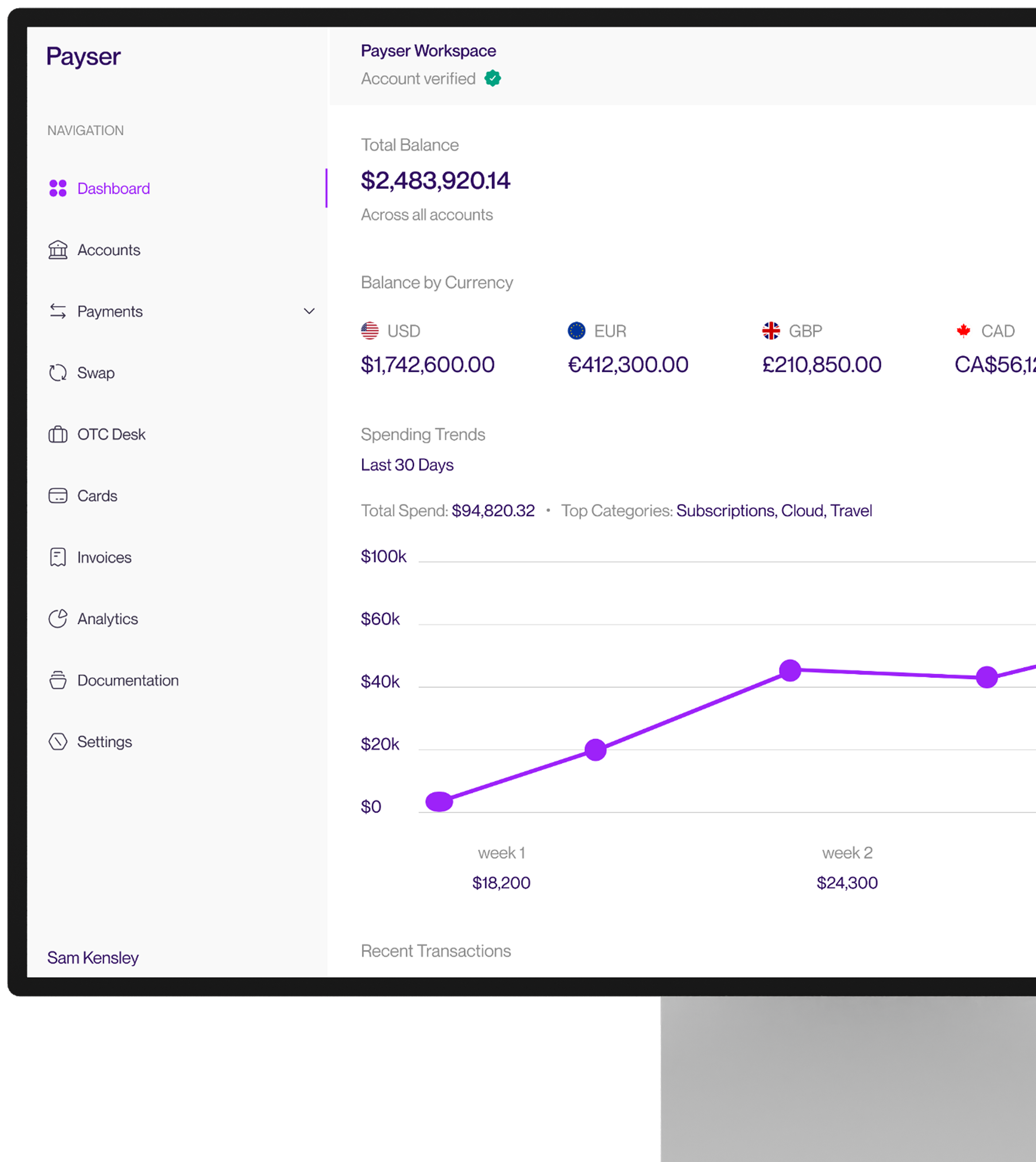KoboPay business dashboard — Payser workspace showing total balance, balances by currency, and spending trends